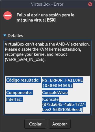 Mensaje Error VirtualBox