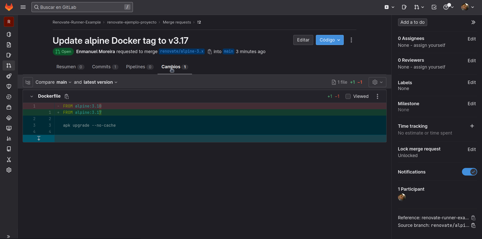 Renovate revisando el Dockfile